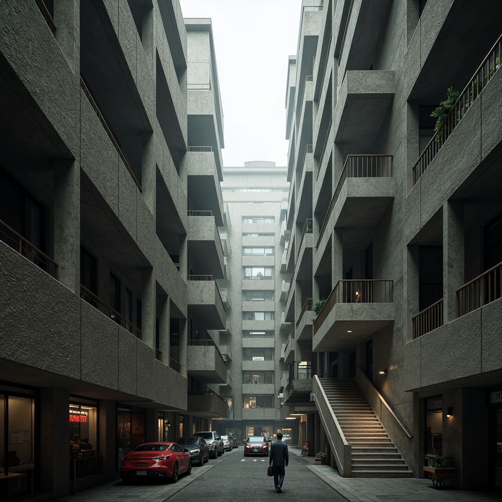 Prompt: Rugged concrete brutalist architecture, fortress-like buildings, imposing structural elements, robust columns, monumental staircases, heavy industrial materials, exposed ductwork, raw concrete textures, aggressive geometric forms, dramatic natural light, high-contrast shadows, atmospheric mist, cinematic composition, symmetrical framing, bold color accents, urban cityscape, bustling market atmosphere.