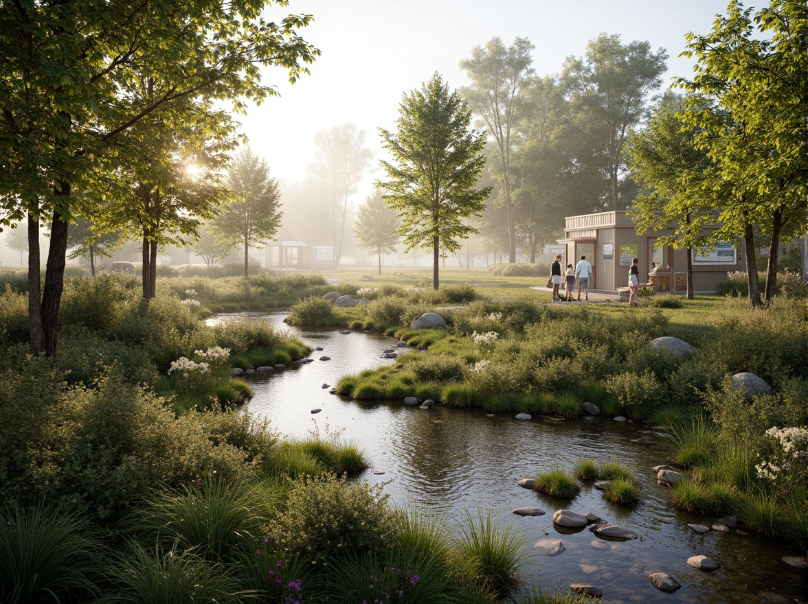 Prompt: \Serene wetland landscape, lush vegetation, tranquil water features, winding streams, natural stone pathways, wooden boardwalks, birdwatching decks, eco-friendly signage, native aquatic plants, migratory bird habitats, warm sunlight filtering through trees, soft misty atmosphere, shallow depth of field, 1/1 composition, panoramic view, realistic textures, ambient occlusion.\