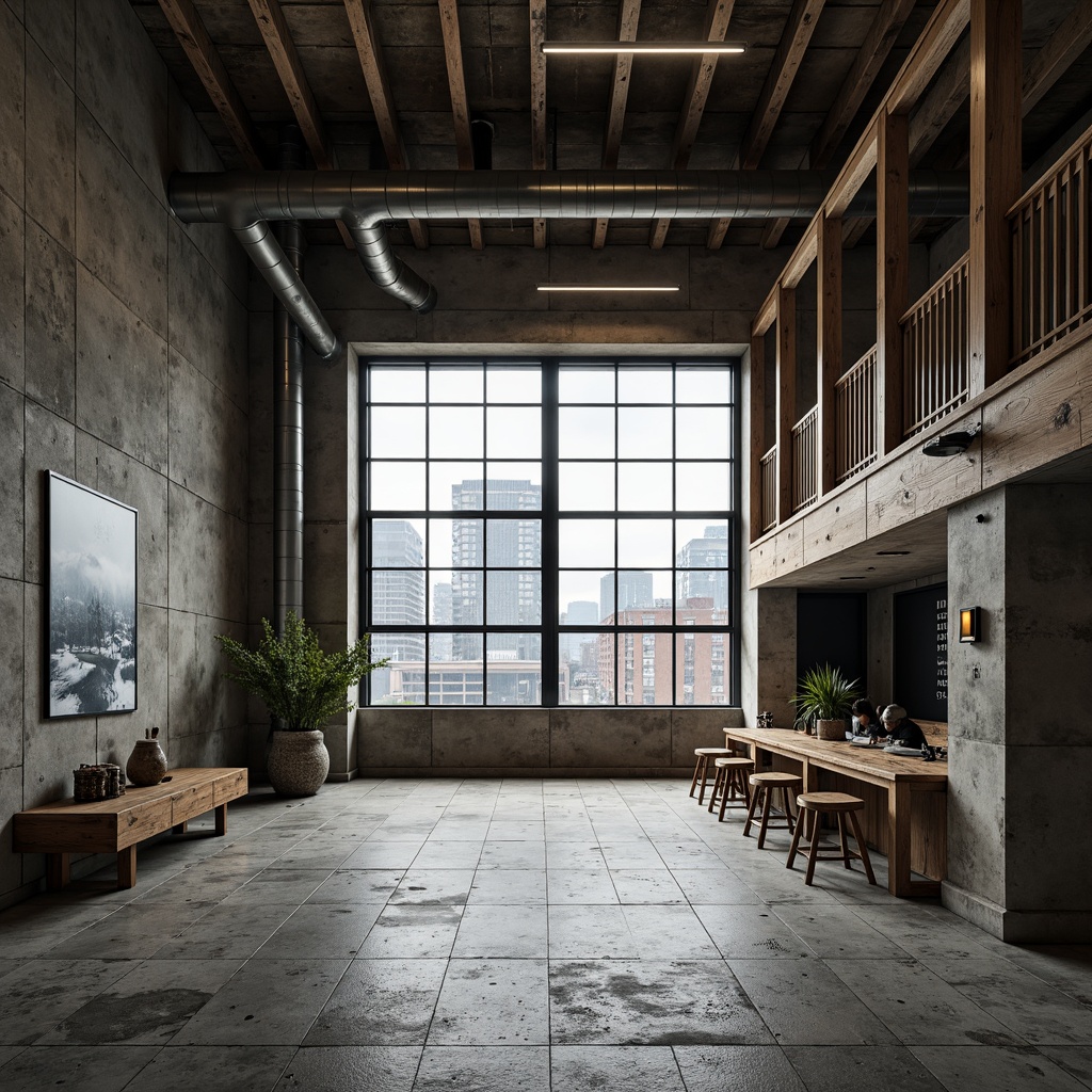 Prompt: Rough-hewn concrete walls, brutalist fa\u00e7ades, distressed metal accents, industrial-style pipes, exposed ductwork, raw wooden beams, rugged stone floors, weathered steel frames, oversized glass windows, minimalist signage, urban cityscape, overcast skies, dramatic shadows, high-contrast lighting, 1/1 composition, symmetrical framing, realistic material rendering, ambient occlusion.