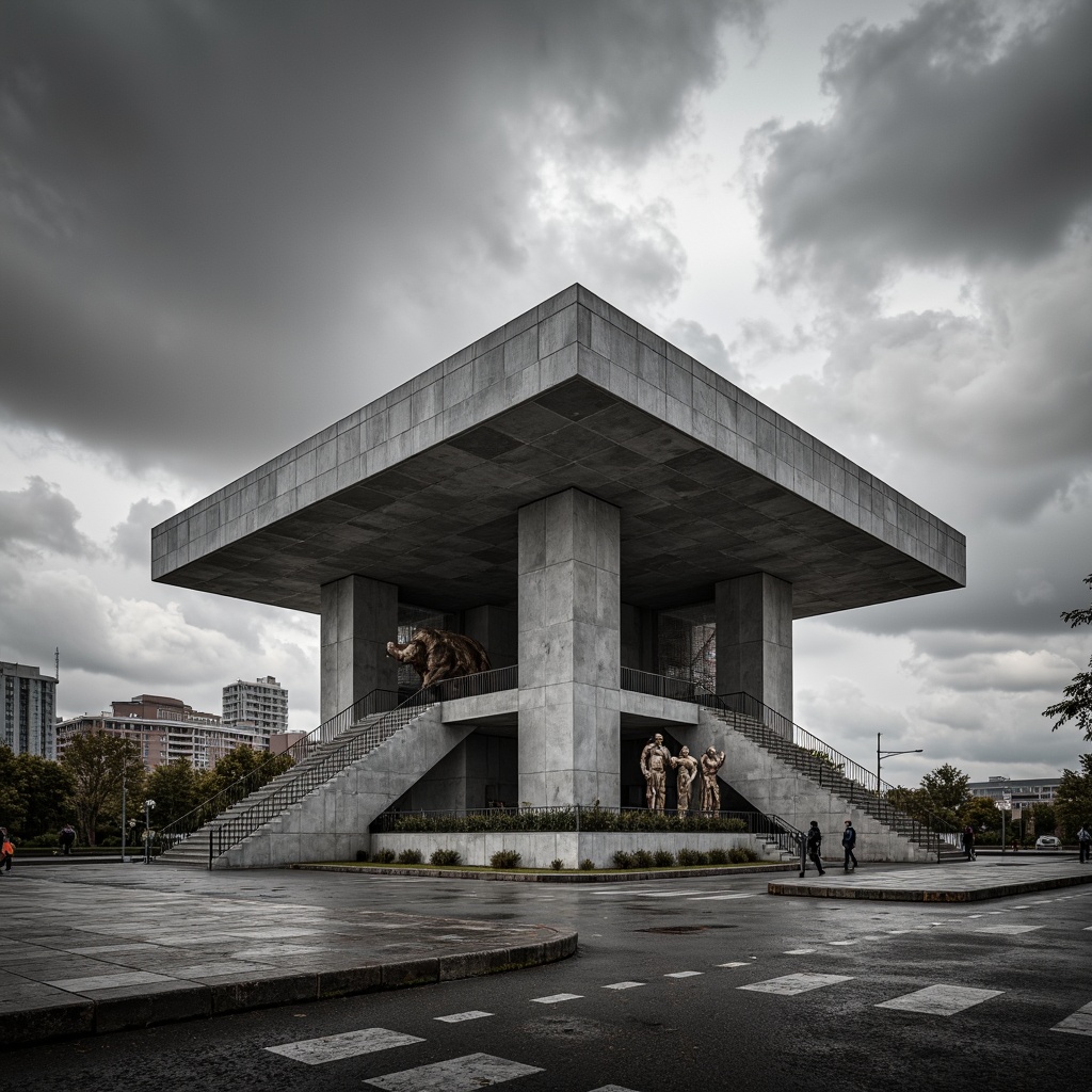 Prompt: Monumental pavilion, brutalist architecture, rugged concrete textures, dramatic contrast, bold geometric forms, harsh light and shadow play, monumental stairs, cantilevered roofs, angular lines, minimalist ornamentation, raw industrial materials, exposed ductwork, functional simplicity, abstract sculptures, urban cityscape, overcast sky, high-contrast lighting, deep depth of field, 2/3 composition, cinematic framing, gritty realistic textures.