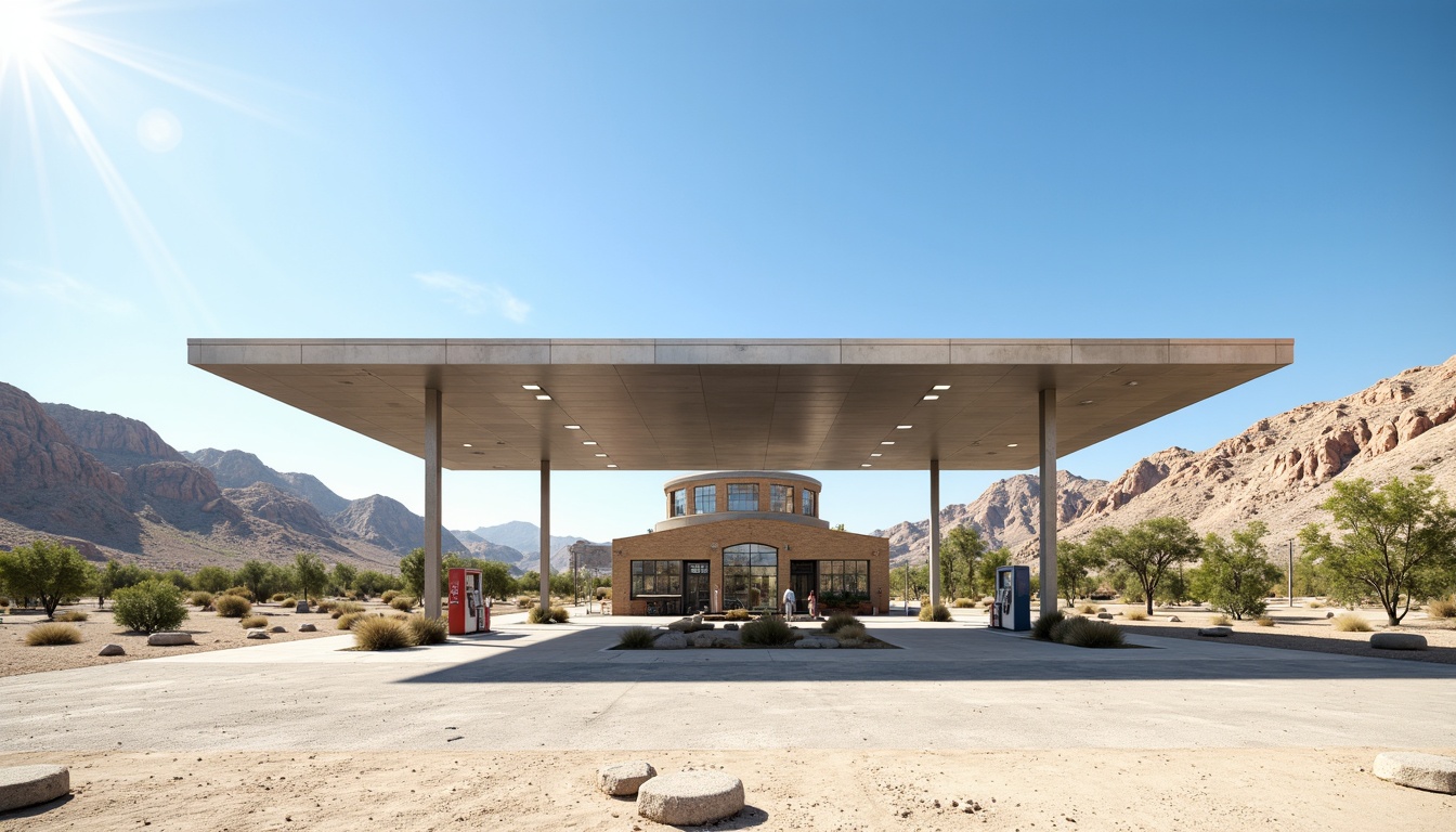 Prompt: Modern gas station, sleek metal canopy, solar panels, wind turbines, green roofs, eco-friendly materials, energy-efficient pumps, LED lighting, shaded outdoor spaces, misting systems, futuristic architecture, angular lines, minimalist design, sustainable energy solutions, water conservation systems, innovative cooling technologies, desert landscape, clear blue sky, hot sunny day, vast open space, realistic textures, ambient occlusion, shallow depth of field, 3/4 composition, panoramic view.