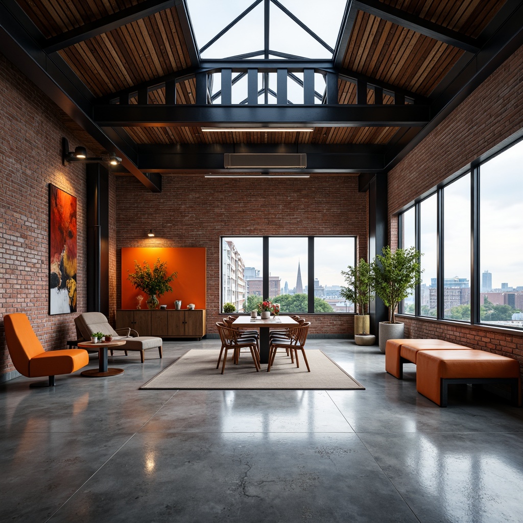 Prompt: Industrial chic interior, exposed brick walls, metal beams, polished concrete floors, minimalist decor, abstract geometric shapes, bold color accents, dramatic natural lighting, large windows, clerestory windows, skylights, urban cityscape views, cloudy day, soft diffused light, high contrast ratios, 1/1 composition, symmetrical framing, realistic textures, ambient occlusion.