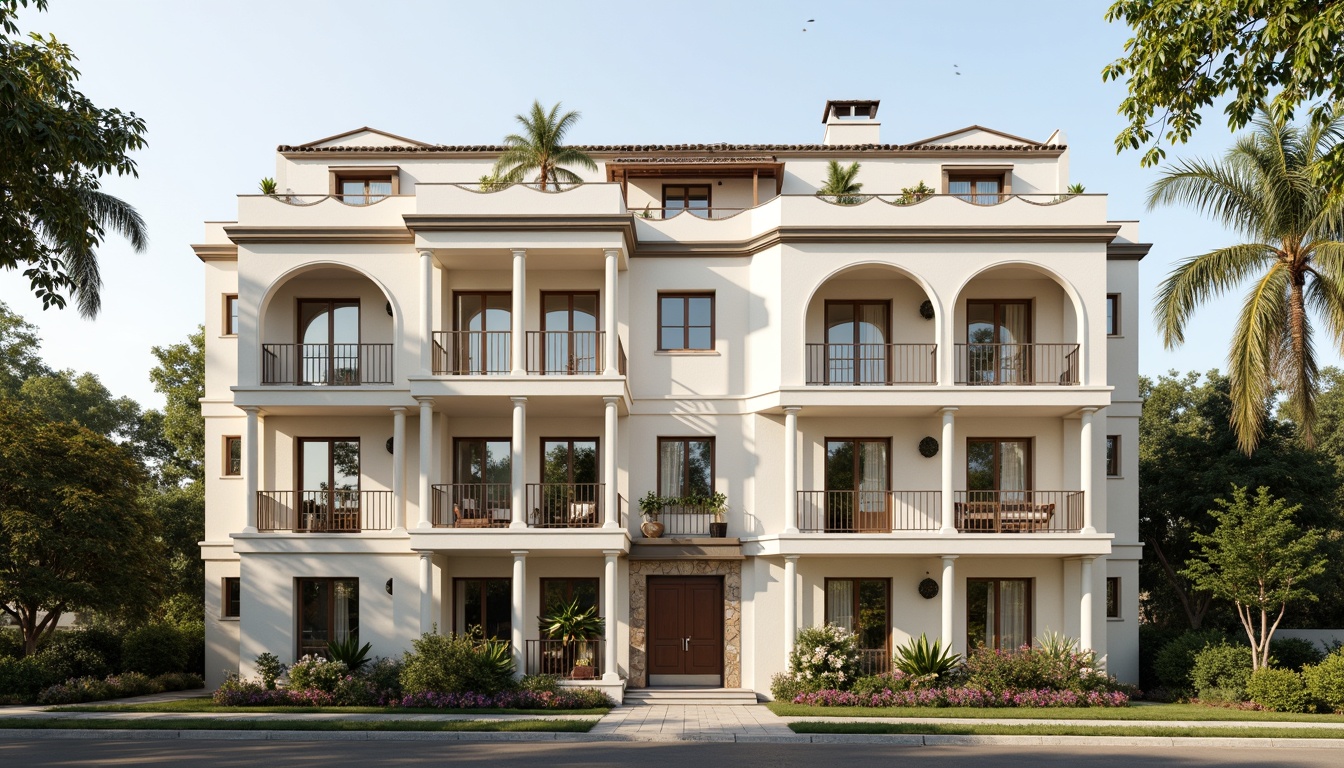 Prompt: Elegant residential facade, classical columns, ornate balustrades, symmetrical composition, neutral color palette, creamy white walls, subtle texture variations, rustic stone foundations, decorative roof ornaments, curved window arches, Juliet balconies, wrought iron railings, lush greenery, manicured lawns, serene street scenery, soft warm lighting, shallow depth of field, 1/1 composition, realistic textures, ambient occlusion.