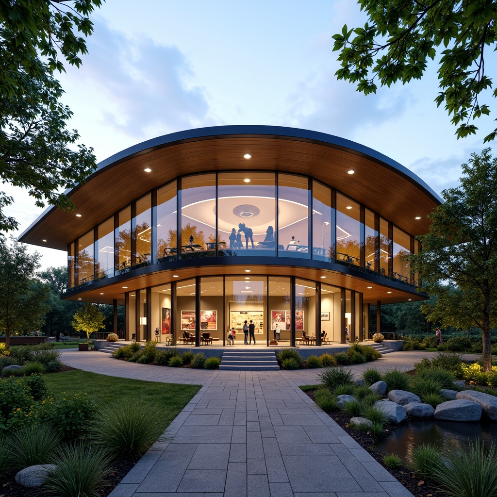 Prompt: Sleek visitor center, curved glass facade, undulating roofline, cantilevered overhangs, wooden accents, natural stone cladding, modern minimalist architecture, large format windows, sliding glass doors, abundant greenery, native plant species, educational signage, interactive exhibits, immersive experiences, warm ambient lighting, shallow depth of field, 1/1 composition, symmetrical framing, soft focus background, realistic textures, subtle atmospheric effects.