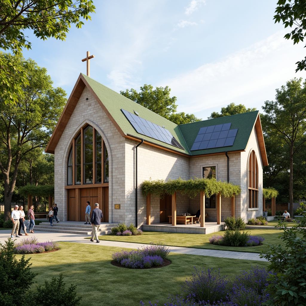 Prompt: Vibrant church fa\u00e7ade, green roofs, solar panels, wind turbines, natural stone walls, stained glass windows, wooden pews, community gathering spaces, open floor plans, minimalist d\u00e9cor, soft warm lighting, shallow depth of field, 3/4 composition, panoramic view, realistic textures, ambient occlusion, lush landscaping, walking paths, outdoor seating areas, public art installations, educational signage, wheelchair accessibility, eco-friendly materials, energy-efficient systems, rainwater harvesting systems, community gardens, organic food markets.