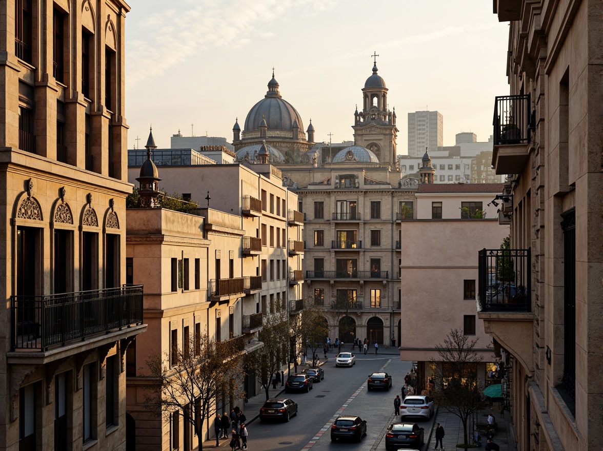 Prompt: Historic cityscape, ornate classicism buildings, grandiose columns, intricately carved facades, symmetrical architecture, rusticated stone walls, ornamental balconies, Juliette windows, decorative rooflines, vibrant urban streetscape, bustling city life, modern amenities integration, subtle contrast between old and new, warm golden lighting, shallow depth of field, 1/1 composition, realistic textures, ambient occlusion.