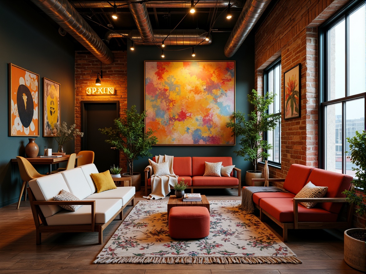 Prompt: Vibrant design studio, modern interior decor, bold bright colors, pastel hues, neon accents, abstract art pieces, eclectic furniture, industrial chic lighting, exposed brick walls, reclaimed wood floors, bohemian-inspired textiles, natural fiber rugs, earthy tones, moody atmosphere, dramatic shadows, warm golden lighting, 3/4 composition, cinematic view.