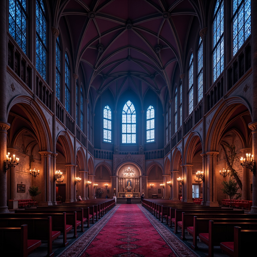 Prompt: Mysterious gothic cathedral, ornate stone carvings, vaulted ceilings, stained glass windows, dark mysterious ambiance, rich velvety textures, bold red accents, deep purple hues, eerie blue undertones, golden ornaments, intricate patterns, heavy drapery, mysterious shadows, warm candlelight, dramatic chiaroscuro, high contrast ratio, cinematic composition.