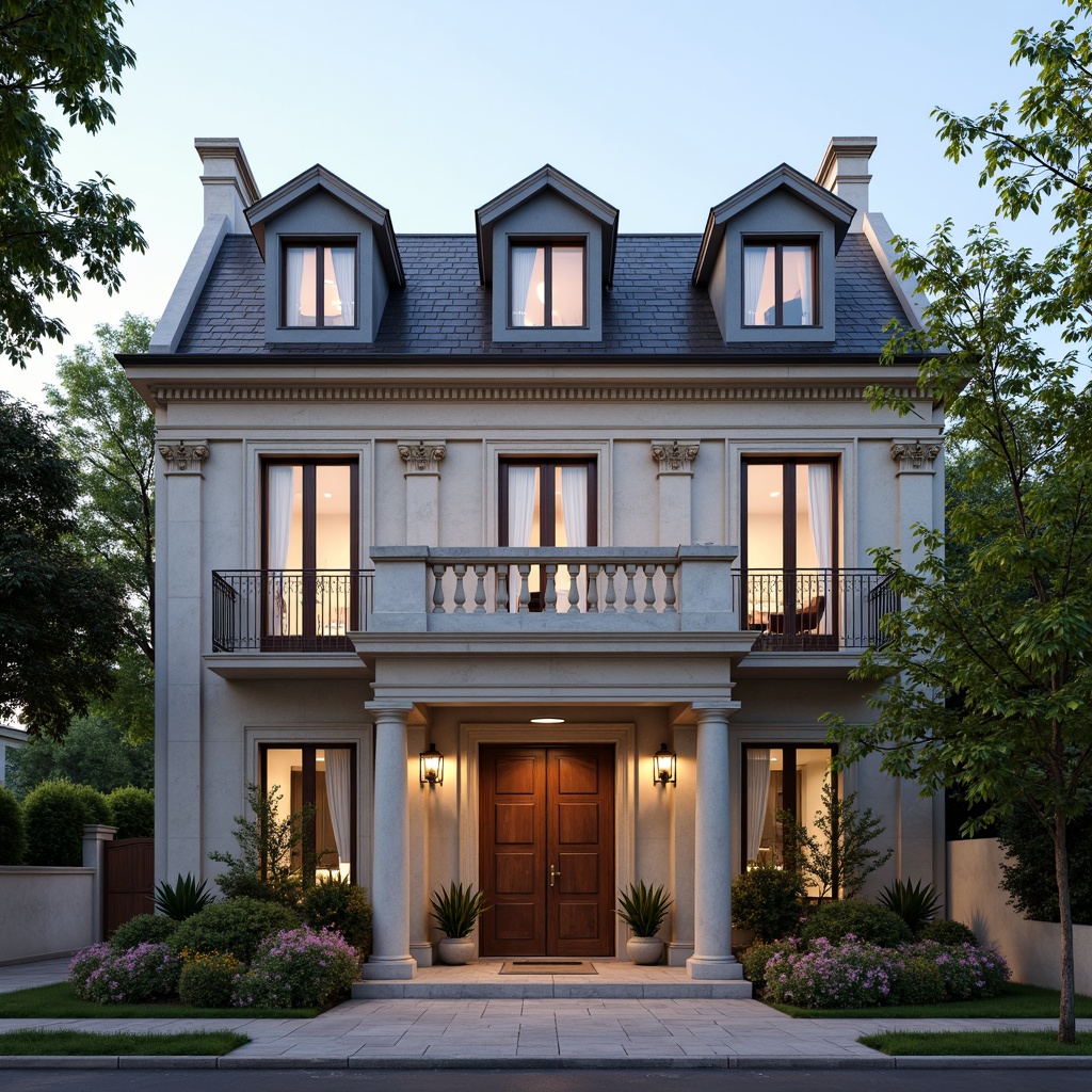 Prompt: Elegant residential facade, classical columns, ornate balustrades, symmetrical composition, limestone walls, slate roofs, dormer windows, Juliet balconies, rusticated quoins, carved wooden doors, bronze hardware, ornamental pediments, soft warm lighting, shallow depth of field, 1/1 composition, realistic textures, ambient occlusion, serene suburban street, lush greenery, blooming flowers.