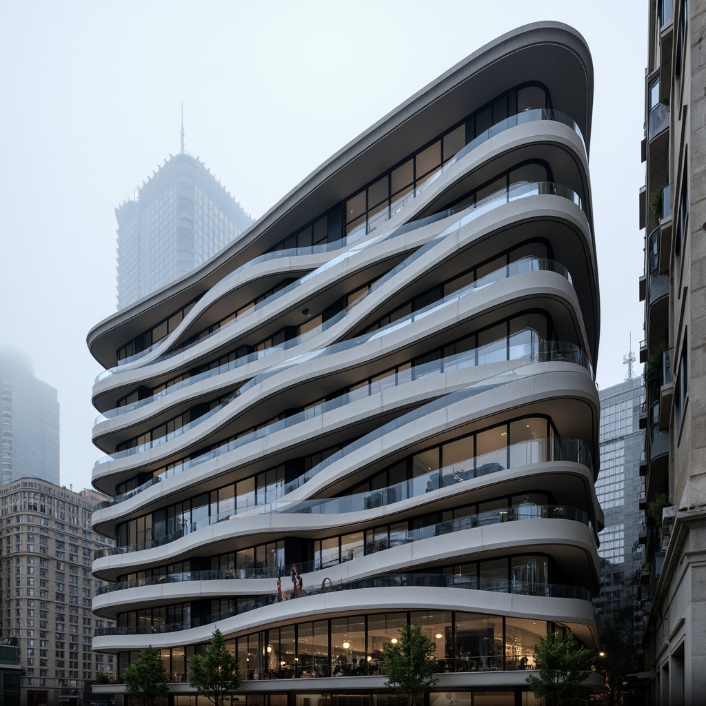 Prompt: Curved building facades, rounded edges, horizontal lines, minimalist ornamentation, monochromatic color schemes, polished metal accents, expansive glass windows, cantilevered overhangs, asymmetrical compositions, dynamic shapes, aerodynamic forms, futuristic aesthetics, luxurious materials, high-tech gadgets, urban cityscape, morning mist, soft diffused lighting, shallow depth of field, 2/3 composition, cinematic camera angle, hyper-realistic textures, ambient occlusion.