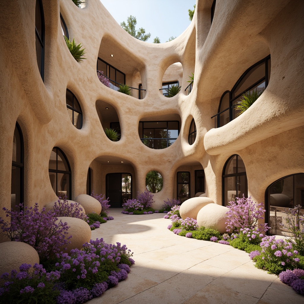 Prompt: Surreal experimental architecture, sandstone facade, lilac accents, undulating walls, irregular shapes, futuristic forms, avant-garde design, organic structures, earthy tones, natural textures, rough stone surfaces, delicate lilac petals, whimsical patterns, intricate carvings, dramatic lighting effects, warm golden illumination, shallow depth of field, 1/2 composition, close-up shot, high-contrast rendering, realistic materials, ambient occlusion.