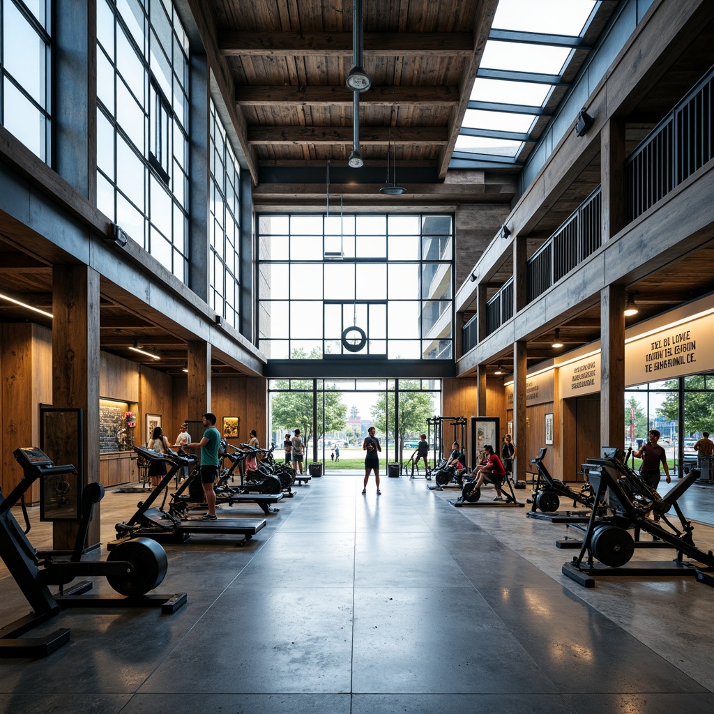 Prompt: Modern fitness club interior, high ceilings, large windows, natural light pouring in, rustic wood accents, industrial metal beams, polished concrete floors, state-of-the-art exercise equipment, mirrored walls, motivational quotes, vibrant color schemes, energetic atmosphere, overhead skylights, soft diffused lighting, 1/1 composition, shallow depth of field, realistic textures, ambient occlusion.