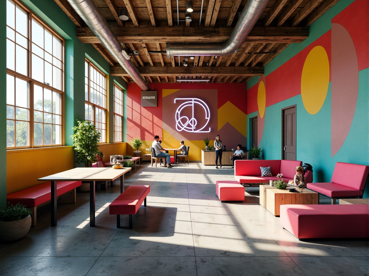 Prompt: Vibrant school building, bold colorful walls, irregular shapes, abstract patterns, textured concrete, exposed ductwork, industrial metal beams, reclaimed wood accents, neon signage, eclectic furniture, collaborative learning spaces, flexible seating arrangements, natural light pouring in, soft diffused lighting, shallow depth of field, 1/1 composition, wide-angle lens, surrealistic atmosphere.