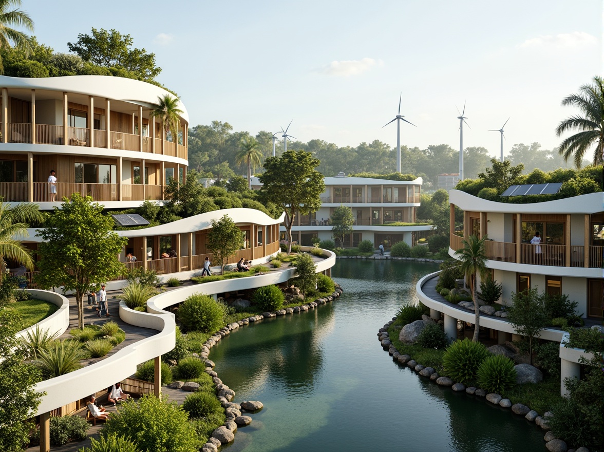 Prompt: Eco-friendly buildings, green roofs, solar panels, wind turbines, water conservation systems, sustainable materials, natural ventilation, abundant daylight, living walls, vertical gardens, rainwater harvesting, greywater reuse, organic shapes, curved lines, minimalist design, earthy tones, recycled wood accents, bamboo flooring, energy-efficient systems, smart home technology, serene atmosphere, soft natural lighting, shallow depth of field, 1/1 composition, panoramic view, realistic textures, ambient occlusion.