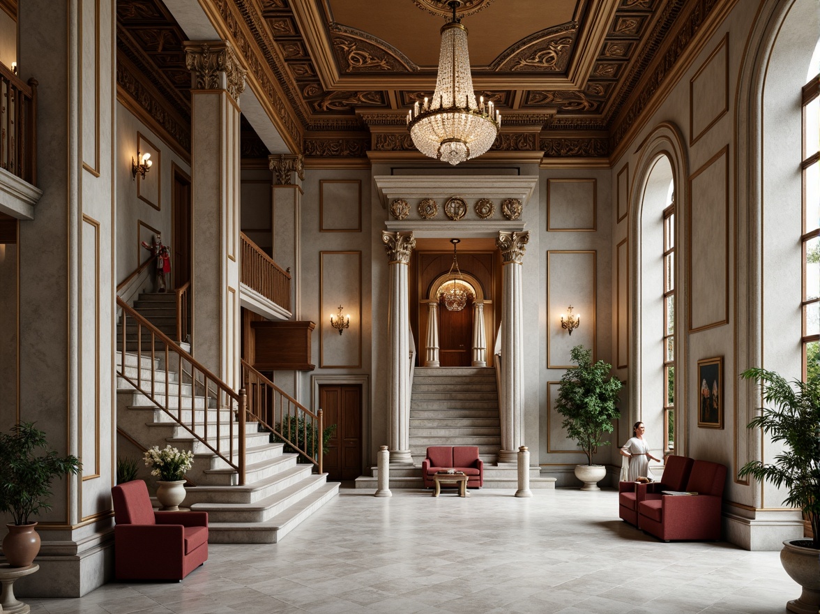 Prompt: Elegant mansion, Corinthian columns, ornate carvings, limestone fa\u00e7ade, marble flooring, grand staircase, crystal chandeliers, high ceilings, arched windows, wooden paneling, luxurious furnishings, velvet drapes, gold accents, classical proportions, symmetrical composition, soft natural lighting, warm color palette, Renaissance-inspired details, intricate moldings, ornamental cornices, grand entrance halls, sweeping staircases.