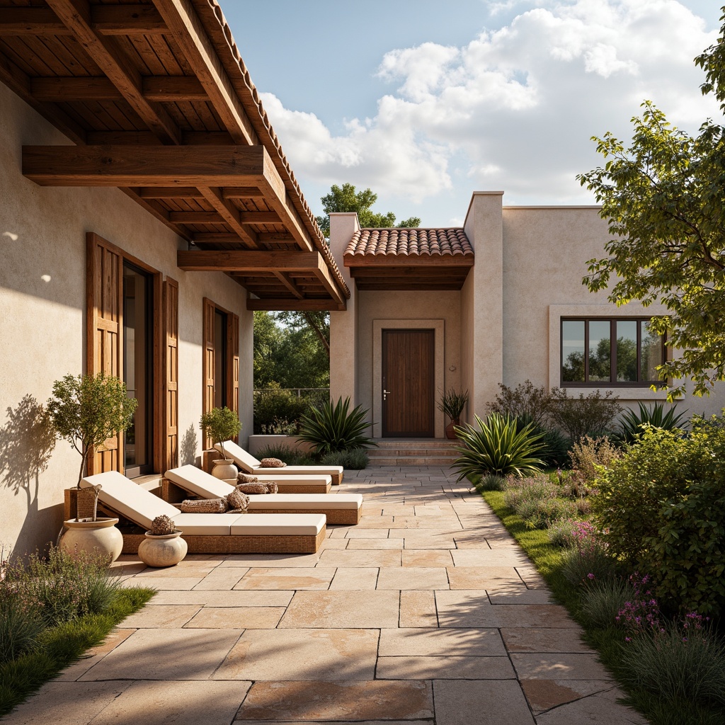 Prompt: Earthy tones, natural materials, rustic textures, wooden accents, stucco walls, terracotta roofs, regionalist architecture, Mediterranean inspirations, warm sunny day, soft warm lighting, shallow depth of field, 3/4 composition, panoramic view, realistic textures, ambient occlusion, ornate decorations, vibrant colorful ceramics, intricate stone carvings, lush greenery, blooming flowers.