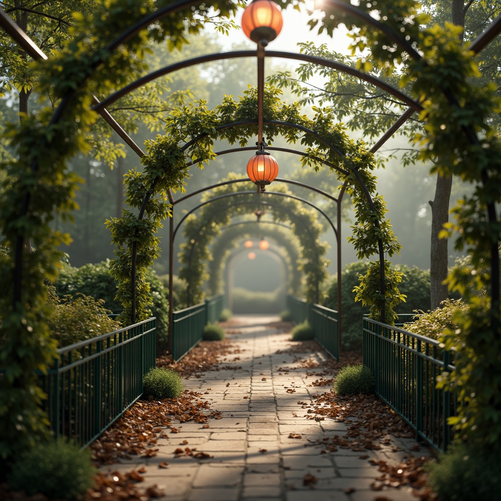 Prompt: Intricate ironwork bridges, ornate lanterns, flowing organic lines, curved metal arches, botanical-inspired railings, vibrant green patina, rustic stone foundations, warm golden lighting, shallow depth of field, 1/1 composition, romantic misty atmosphere, soft focus, realistic textures, ambient occlusion.