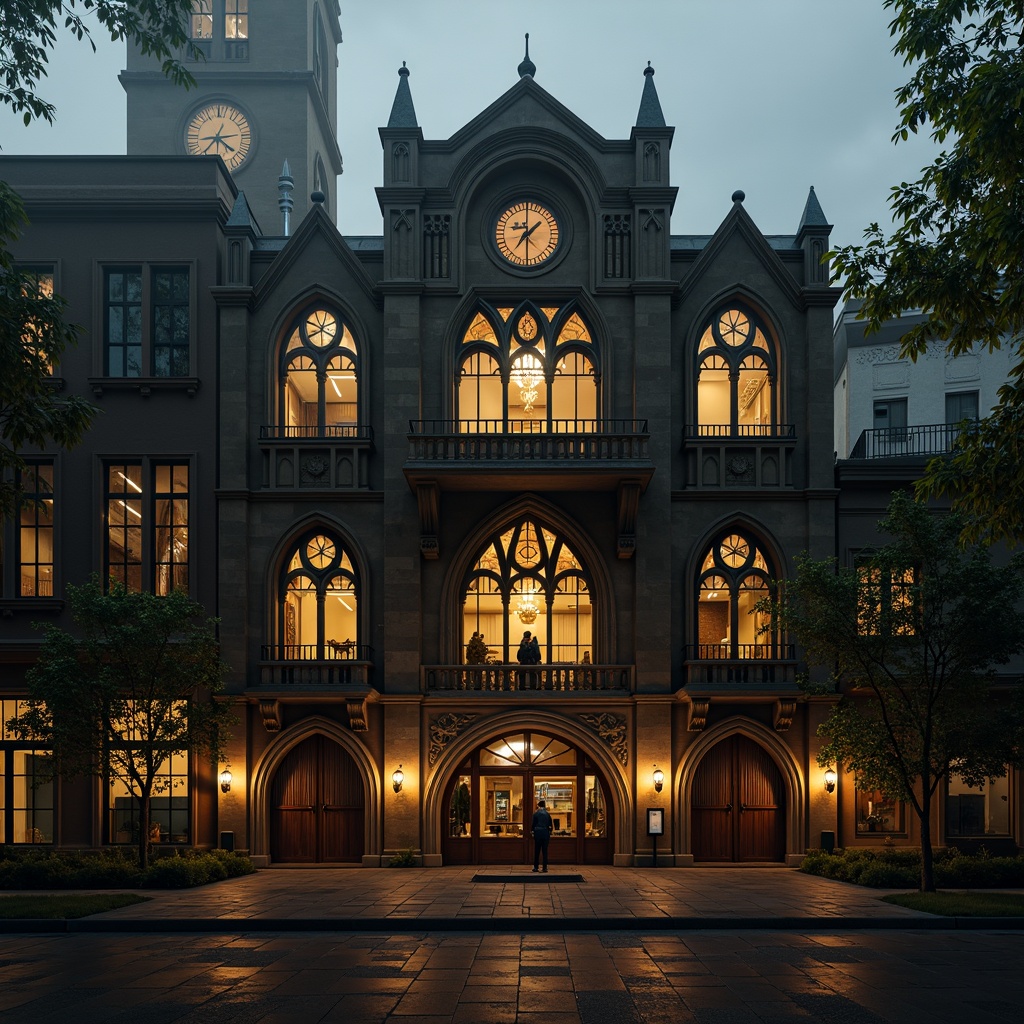 Prompt: Ornate Gothic facade, pointed arches, ribbed vaults, flying buttresses, stained glass windows, grand entranceways, intricate stone carvings, heavy ornamental doors, majestic clock towers, dark mysterious ambiance, warm golden lighting, dramatic shadows, high contrast ratio, 1/1 composition, low-angle shot, detailed textures, atmospheric fog.Let me know if you need any adjustments!