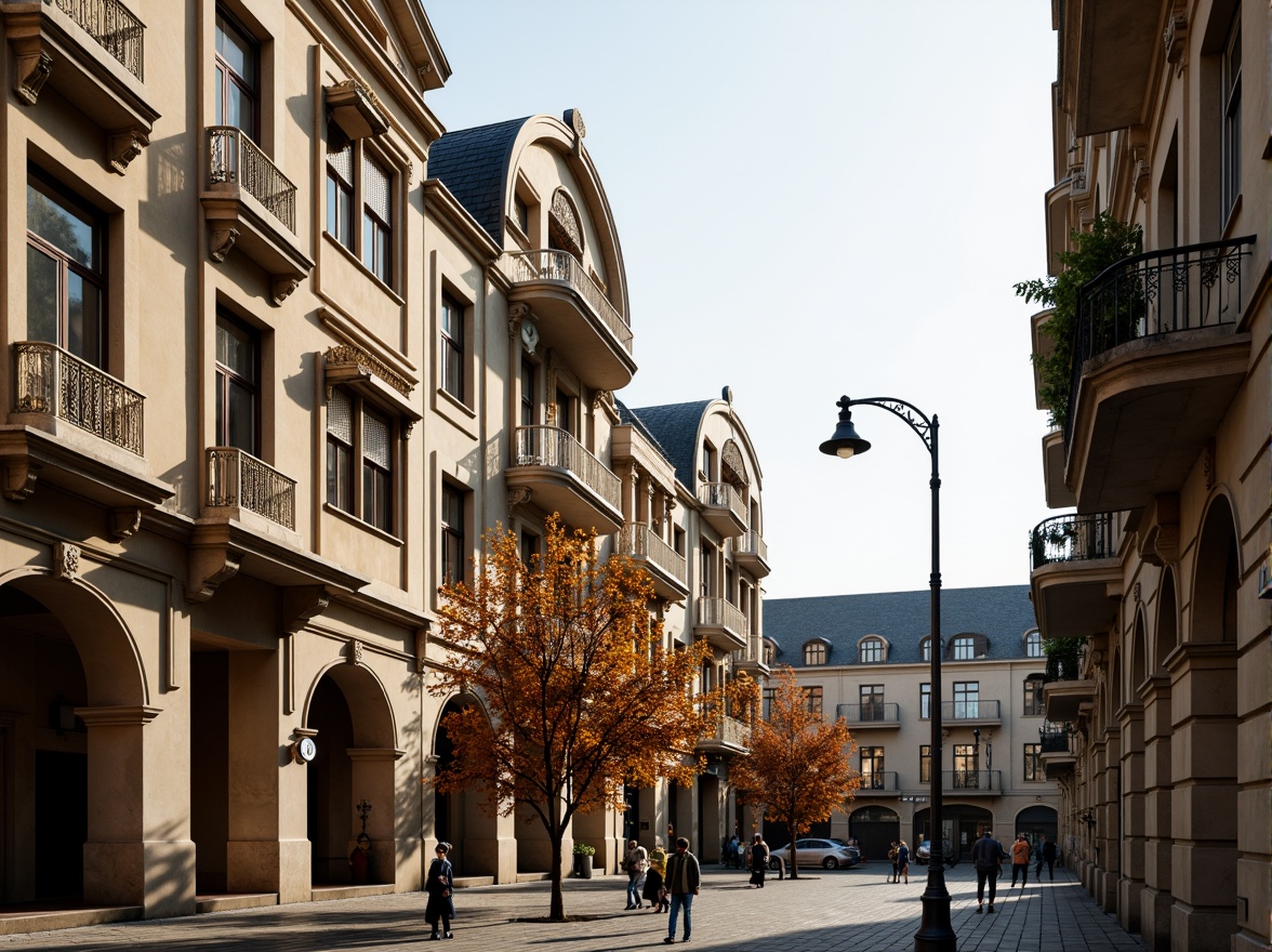 Prompt: Historic cityscape, grand classicism buildings, ornate facades, Corinthian columns, symmetrical architecture, rusticated bases, arched windows, balconies with intricate ironwork, limestone walls, slate roofs, cobblestone streets, vintage streetlamps, autumn foliage, warm afternoon lighting, shallow depth of field, 2/3 composition, atmospheric perspective, realistic textures, ambient occlusion.