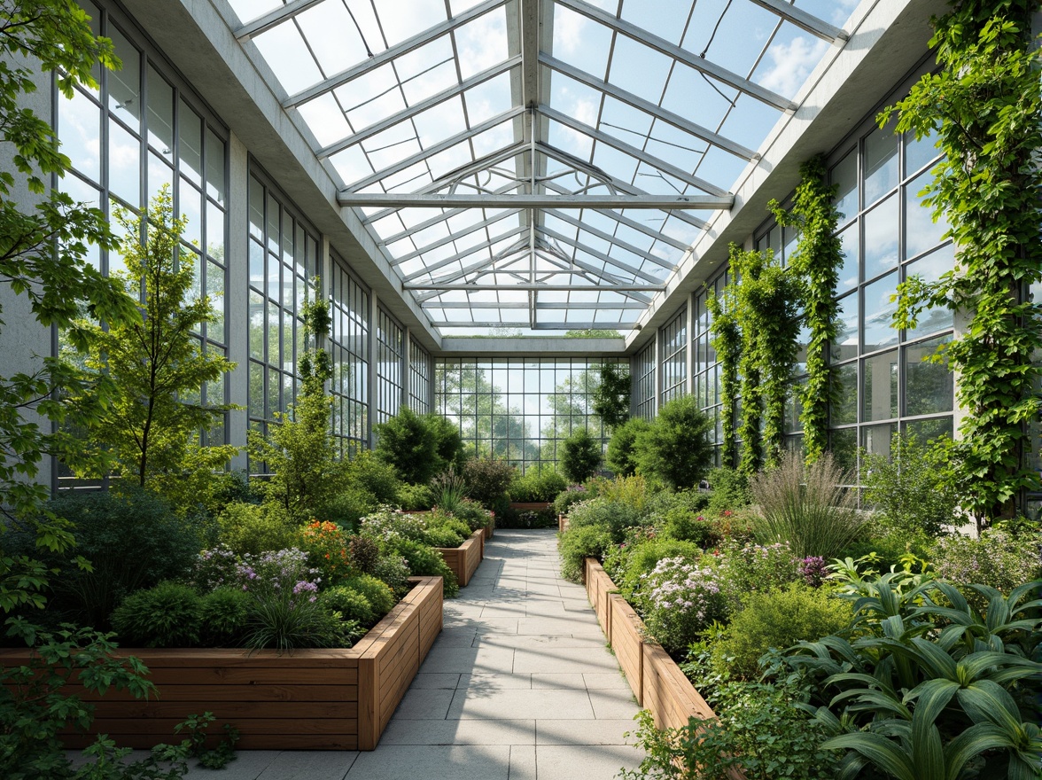 Prompt: Vibrant greenhouse, lush greenery, transparent polycarbonate panels, aluminum frames, steel beams, reinforced concrete foundations, misting systems, climate control units, automated irrigation networks, LED grow lights, natural stone flooring, wooden planters, living walls, vertical gardens, rainwater harvesting systems, solar power generation, energy-efficient ventilation, double-glazed windows, insulated roofing, humidification systems, fogging systems, modern minimalist design, angular lines, sleek metallic accents, abundant natural light, soft diffused lighting, 1/1 composition, shallow depth of field.