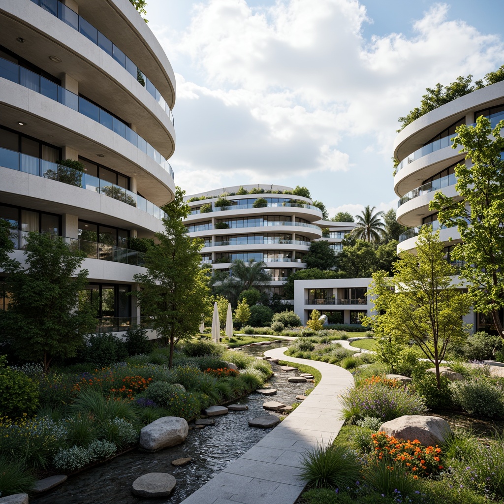 Prompt: Curved streamline moderne buildings, sleek glass facades, metallic accents, cantilevered roofs, minimalist design, harmonious landscape integration, lush greenery, flowing water features, natural stone walkways, meandering paths, vibrant flower beds, tranquil atmosphere, soft warm lighting, shallow depth of field, 3/4 composition, panoramic view, realistic textures, ambient occlusion.