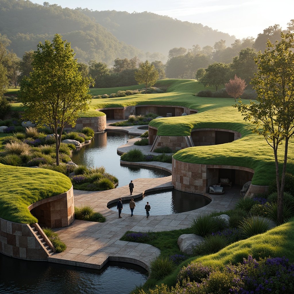 Prompt: Organic architecture, harmonious curves, lush green roofs, natural stone walls, earthy tones, seamless transitions, blending boundaries, serene water features, reflecting pools, walking trails, native plant species, bird's eye views, panoramic vistas, soft diffused lighting, warm afternoon sun, atmospheric perspective, 3/4 composition, realistic textures, ambient occlusion.