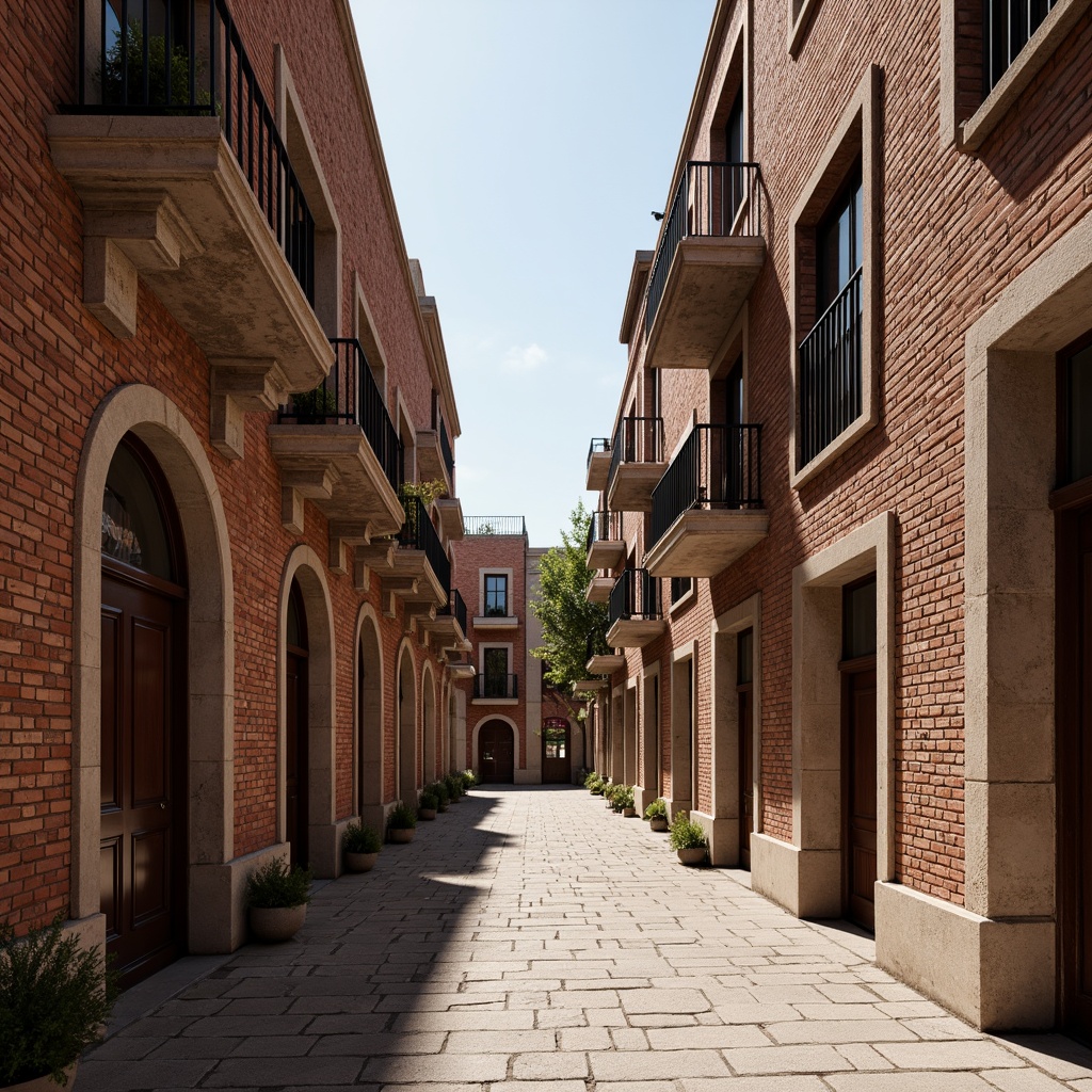 Prompt: Historic brick buildings, ornate stone carvings, rustic stonework, weathered brick facades, grand archways, sturdy column supports, classic architectural details, earthy color palette, natural textures, dramatic lighting effects, shallow depth of field, 1/1 composition, realistic renderings, ambient occlusion, warm sunny day, soft diffused light, intricate masonry patterns, vintage industrial feel.