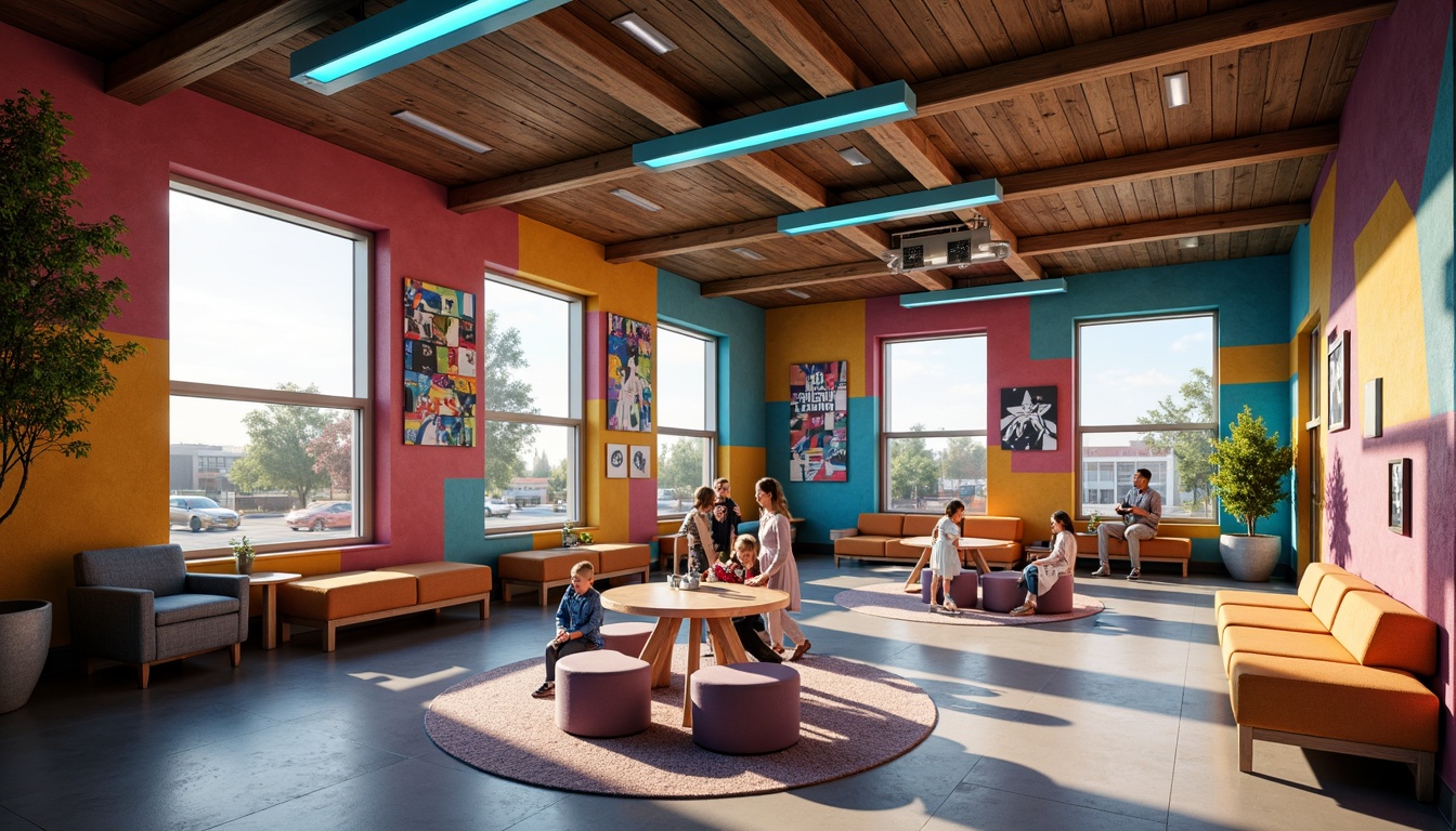 Prompt: Vibrant school interior, eclectic mix of colors, bold geometric shapes, irregular forms, abstract patterns, dynamic lighting effects, warm neon hues, soft pastel shades, dramatic shadows, futuristic lamps, industrial metal fixtures, minimalist wooden furniture, collaborative learning spaces, open floor plans, flexible seating arrangements, whimsical artwork, playful murals, natural textures, earthy tones, organic materials, creative freedom, inspirational quotes, interactive displays, immersive experiences, 1/1 composition, low-key lighting, soft focus, cinematic atmosphere.