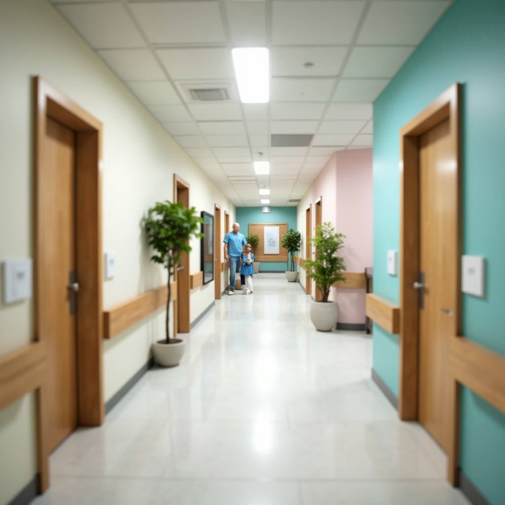 Prompt: Calming hospital corridors, soft pastel hues, gentle creamy whites, soothing blues, muted greens, warm beige accents, natural wood tones, subtle texture patterns, comfortable waiting areas, peaceful patient rooms, serene nurse stations, gentle ambient lighting, 1/1 composition, shallow depth of field, realistic renderings, warm color temperatures.