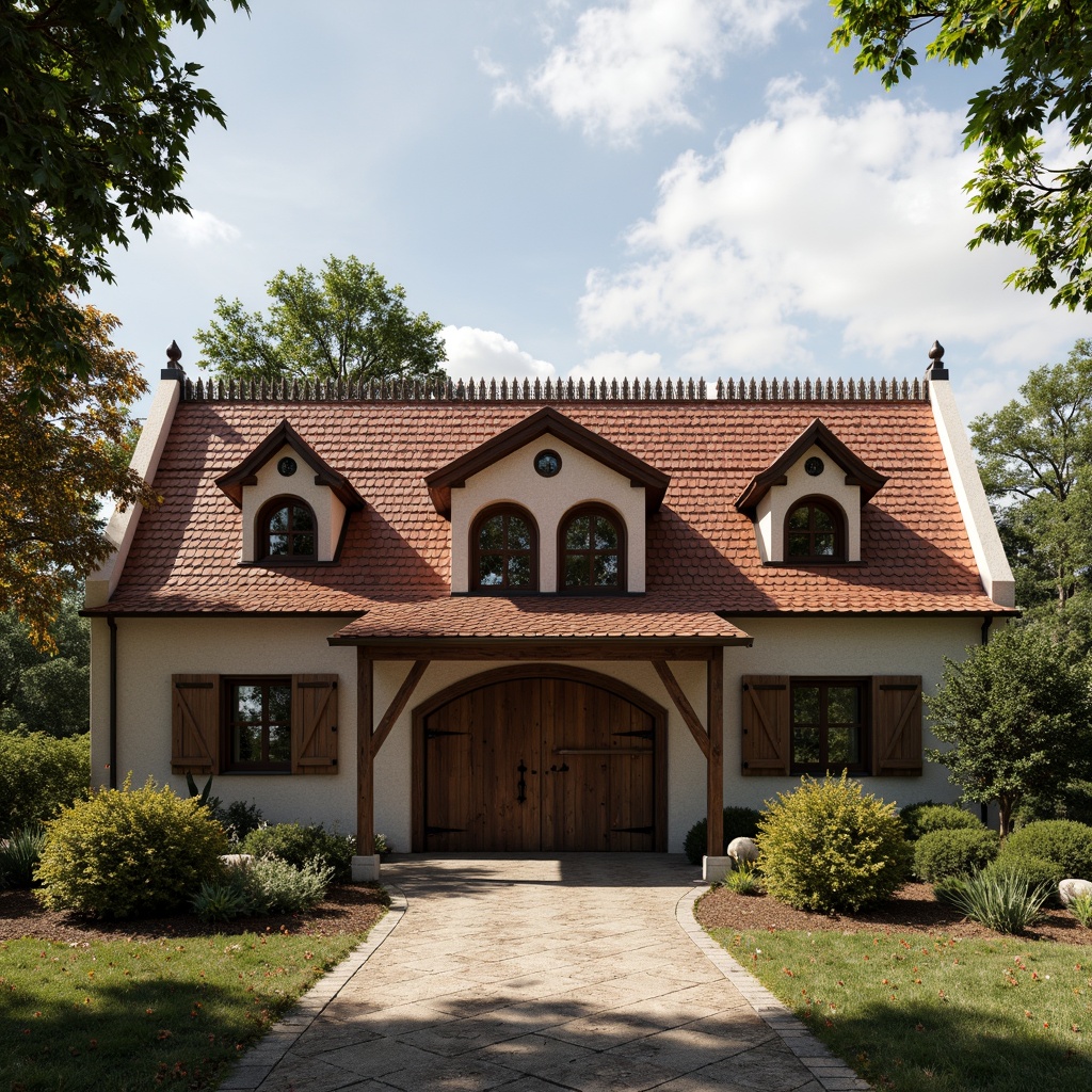 Prompt: Rustic barn, Byzantine-inspired roof design, terracotta tiles, curved dormers, ornate metalwork, grandiose finials, lush greenery, overhanging eaves, distressed wood accents, earthy color palette, warm sunny day, soft natural lighting, atmospheric mist, 1/1 composition, symmetrical framing, detailed textures, realistic materials.