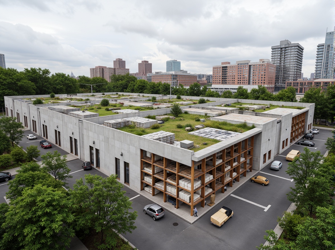 Prompt: Eco-friendly distribution center, exposed ductwork, natural ventilation, solar panels, green roofs, rainwater harvesting systems, recycled materials, minimal waste design, energy-efficient lighting, skylights, clerestory windows, open floor plans, flexible warehouse spaces, modern industrial architecture, brutalist concrete structures, rusted metal accents, reclaimed wood features, living walls, urban agriculture, cityscape views, overcast sky, soft diffused lighting, shallow depth of field, 2/3 composition, realistic textures.