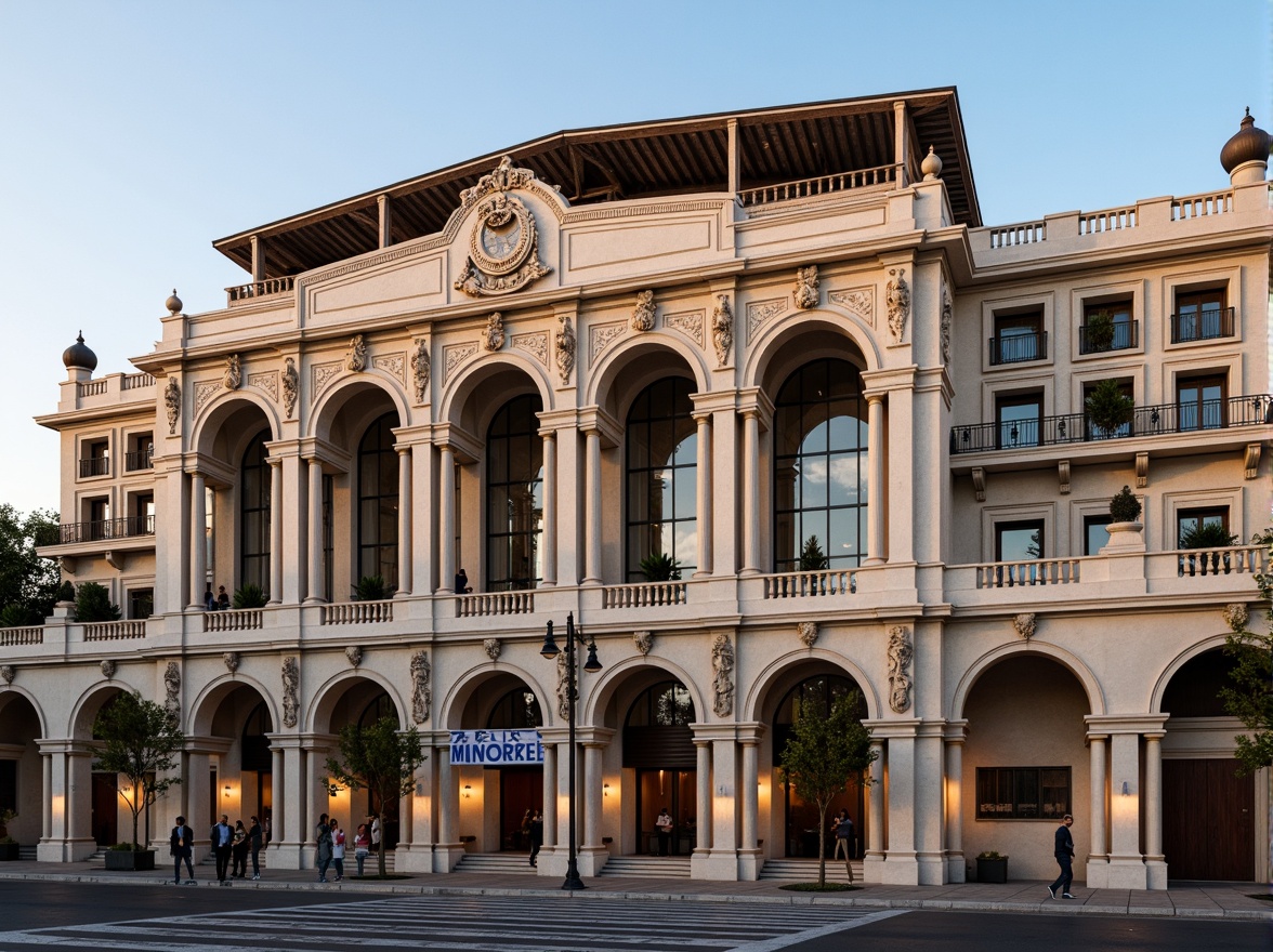 Prompt: Grandiose stadium facade, neoclassical columns, ornate carvings, symmetrical architecture, limestone exterior, grand archways, imposing entrance, regal balconies, intricate moldings, vintage bronze details, ornamental railings, majestic domes, vibrant athletic colors, evening golden lighting, shallow depth of field, 1/2 composition, realistic textures, ambient occlusion.