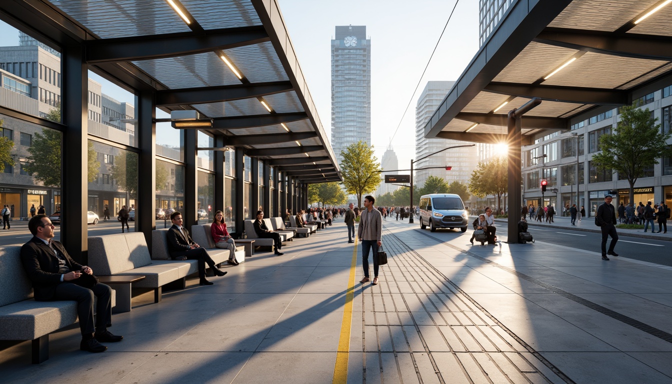 Prompt: Modern tram station, sleek metal framework, durable concrete flooring, energy-efficient LED lighting, minimalist seating areas, stainless steel handrails, transparent glass roofs, natural ventilation systems, urban landscape, busy city streets, morning commute, soft warm lighting, shallow depth of field, 1/1 composition, realistic textures, ambient occlusion.