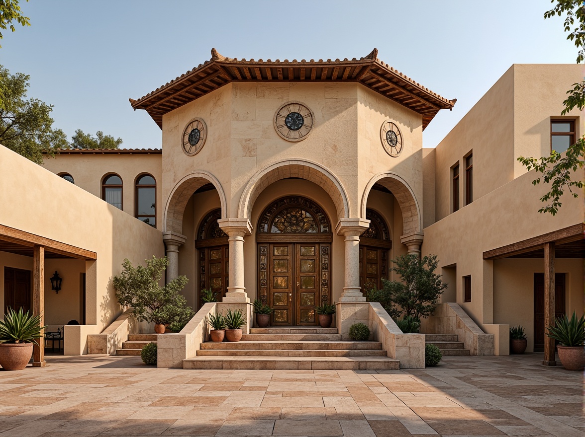 Prompt: Regionalist museum facade, earthy tone stone walls, ornate bronze doors, grand entrance archways, sweeping rooflines, cultural symbolisms, ethnic patterned tiles, warm beige stucco, rustic wooden accents, natural stone columns, grand staircases, dramatic atriums, soft warm lighting, shallow depth of field, 3/4 composition, panoramic view, realistic textures, ambient occlusion.