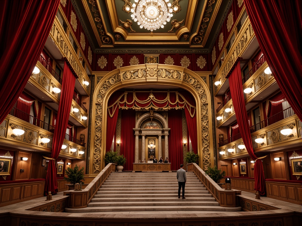 Prompt: Grand opera house, ornate Baroque architecture, lavish red velvet curtains, gilded balconies, crystal chandeliers, marble floors, intricate moldings, luxurious fabrics, rich wood tones, dramatic spotlights, soft warm glow, shallow depth of field, 1/1 composition, symmetrical framing, opulent textures, high-contrast lighting, grand staircase, sweeping arches, ornate details, majestic atmosphere, evening performance, vibrant costumes, elegant audience.