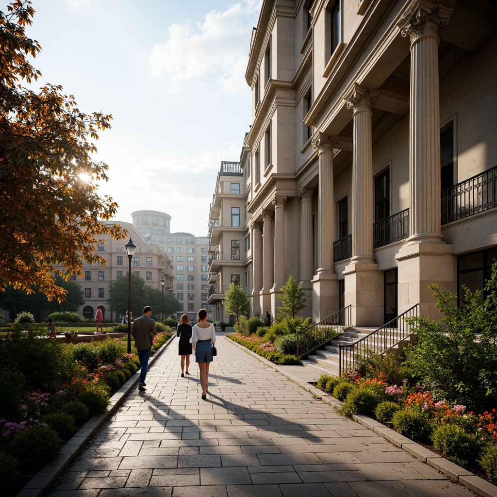 Prompt: Historic cityscape, neoclassical architecture, grandiose columns, ornate facades, symmetrical compositions, marble entrances, bronze details, lush greenery, vibrant flowers, urban parks, pedestrian walkways, cobblestone streets, vintage street lamps, morning sunlight, soft warm lighting, shallow depth of field, 1/2 composition, realistic textures, ambient occlusion.