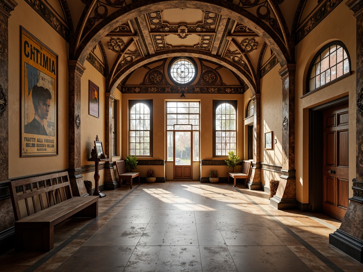 Prompt: Rustic high school building, Romanesque arches, ornate stone carvings, grand entrance hallways, wooden benches, vintage educational posters, intricate mosaics, warm earthy tones, natural light pouring through stained glass windows, thick columns, rounded doorways, decorative capitals, classical fa\u00e7ade, symmetrical composition, shallow depth of field, 1/1 aspect ratio, realistic textures, ambient occlusion.