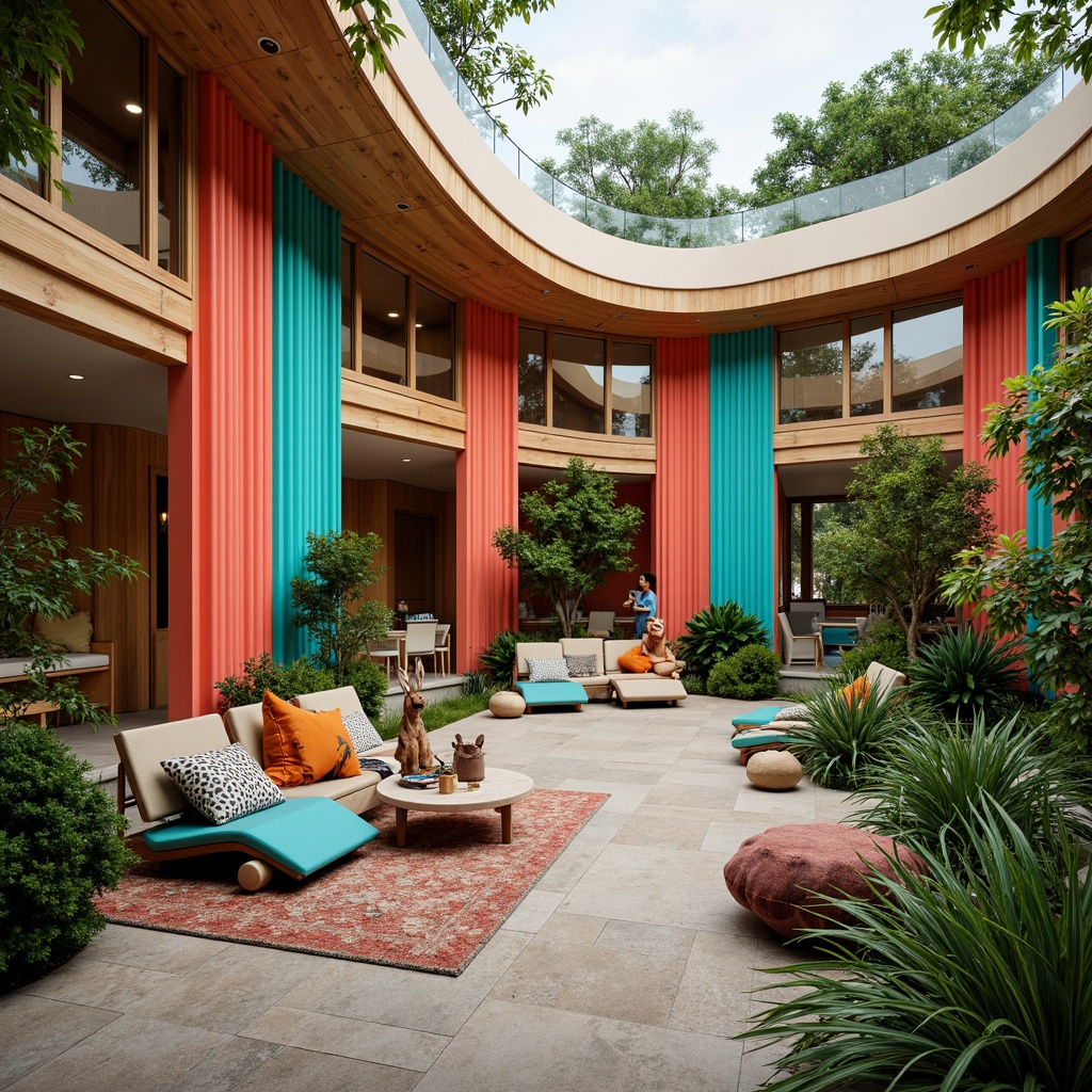 Prompt: Vibrant zoo-themed fusion homes, exotic animal prints, bold stripes, bright coral walls, turquoise accents, natural wood textures, leafy greenery, sunny atriums, modern minimalism, sleek lines, curved architecture, spacious open plans, floor-to-ceiling windows, sliding glass doors, cozy reading nooks, plush furnishings, colorful throw pillows, eclectic decorative accessories, warm ambient lighting, shallow depth of field, 1/2 composition, realistic textures, soft focus.