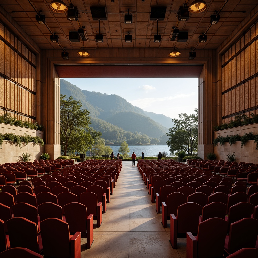 Prompt: Sweeping concert hall, grand performance stage, luxurious velvet seats, ornate chandeliers, acoustic panels, curved lines, natural stone walls, wooden flooring, panoramic views, lush greenery, surrounding hills, serene lakeside, misty morning, soft warm lighting, shallow depth of field, 3/4 composition, realistic textures, ambient occlusion.