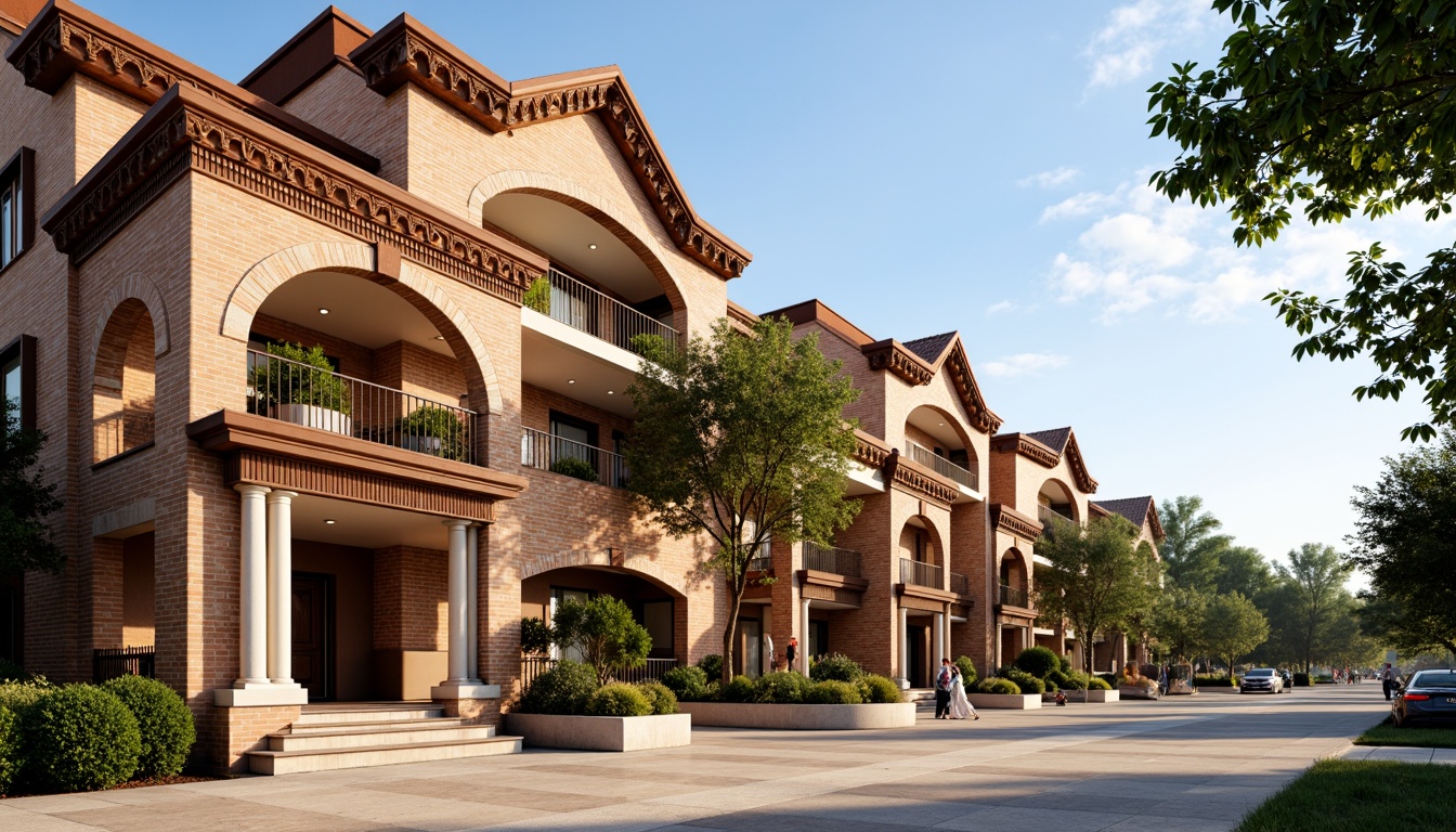 Prompt: Ornate community center, intricately patterned brick facades, warm earthy tones, grandiose entrance archways, ornamental stone carvings, decorative cornices, rusticated quoins, curved balconies, classical columns, vibrant flower arrangements, lush greenery, sunny day, soft warm lighting, shallow depth of field, 3/4 composition, panoramic view, realistic textures, ambient occlusion.