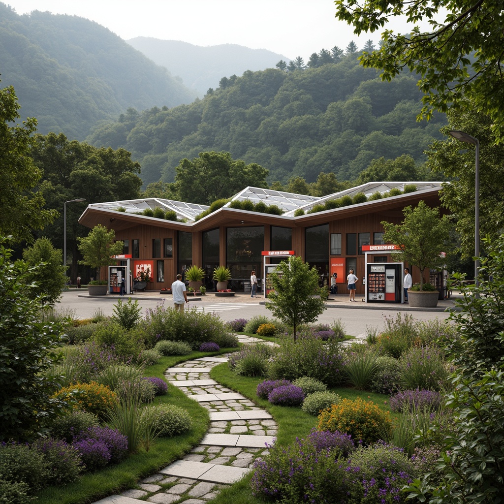 Prompt: Rustic gas station, natural stone walls, green roofs, verdant surroundings, blooming wildflowers, meandering walkways, native plant species, eco-friendly design, sustainable energy solutions, solar panels, wind turbines, water conservation systems, modern angular architecture, sleek metal canopies, minimalist signage, warm LED lighting, shallow depth of field, 1/2 composition, realistic textures, ambient occlusion, serene atmosphere, soft warm daylight.