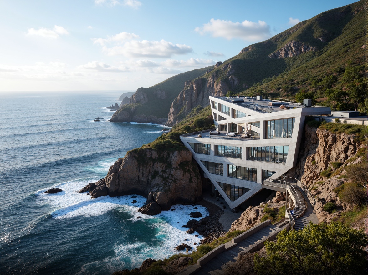 Prompt: Wave-crashing coastline, rugged cliffs, salty sea air, industrial high-tech architecture, metallic facade materials, reflective glass surfaces, angular lines, futuristic design, solar panels, wind turbines, energy storage systems, sleek piping networks, modern control rooms, advanced monitoring systems, ergonomic workstations, high-ceilinged interior spaces, panoramic ocean views, soft natural lighting, shallow depth of field, 1/2 composition, realistic textures, ambient occlusion.