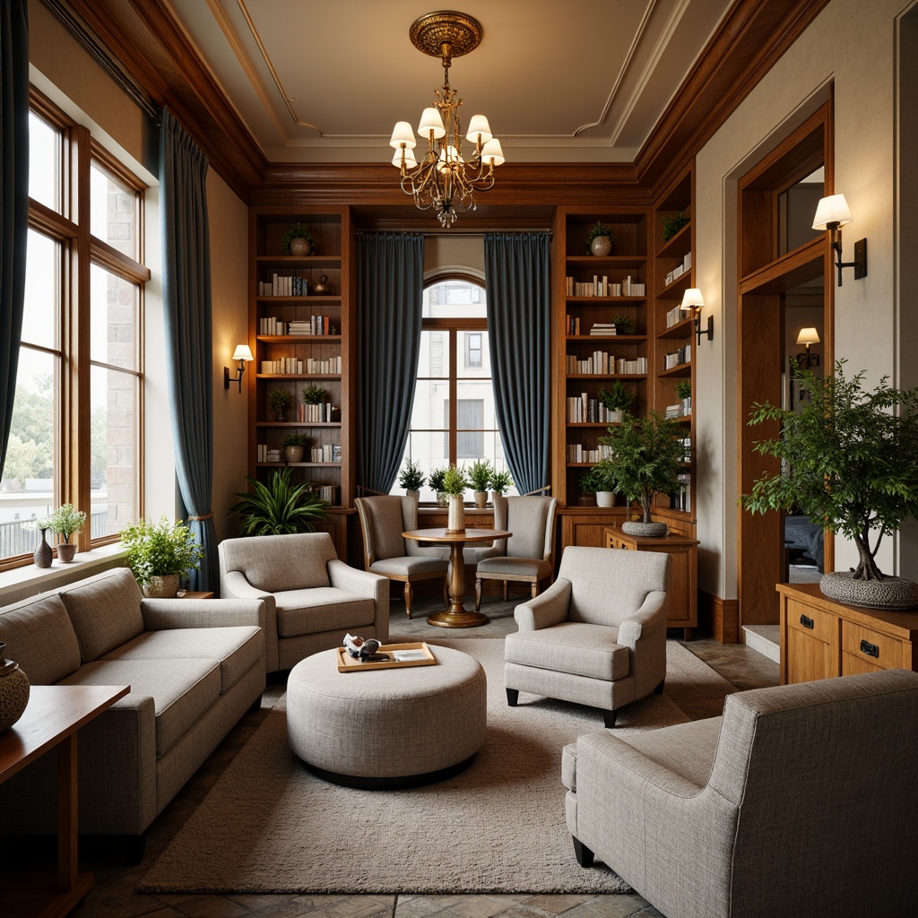 Prompt: Cozy reading nook, warm beige walls, rich wood tones, comfortable seating areas, soft carpeting, calming blue accents, muted greenery, natural stone columns, elegant chandeliers, classic bookshelves, subtle bronze hardware, inviting atmosphere, warm task lighting, layered window treatments, textured upholstery, earthy color scheme, serene ambiance, 1/1 composition, intimate scale, realistic textures, ambient occlusion.