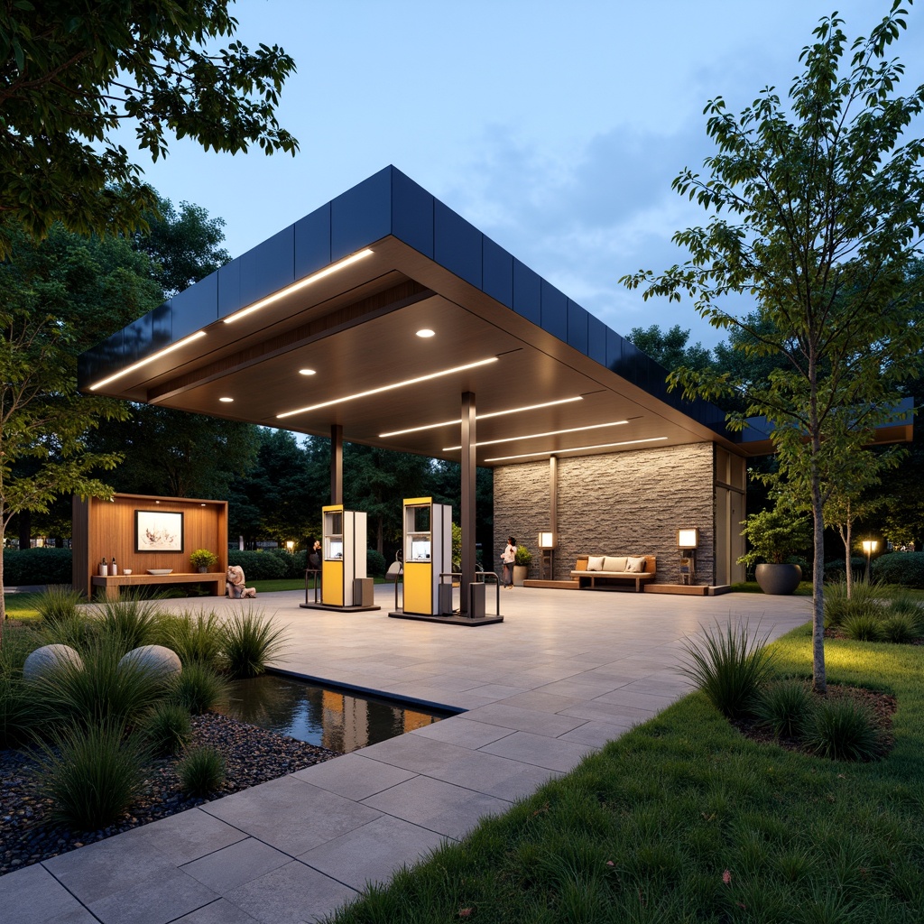 Prompt: Modern gas station, sleek metal canopy, LED lighting, futuristic architecture, water feature wall, trickling sound effects, lush greenery, natural stone flooring, eco-friendly materials, rainwater harvesting systems, grey water reuse, bio-swales, native plant species, ambient misting, shallow reflective pools, raked gravel groundcover, wooden accents, soft warm lighting, 3/4 composition, realistic textures, ambient occlusion.