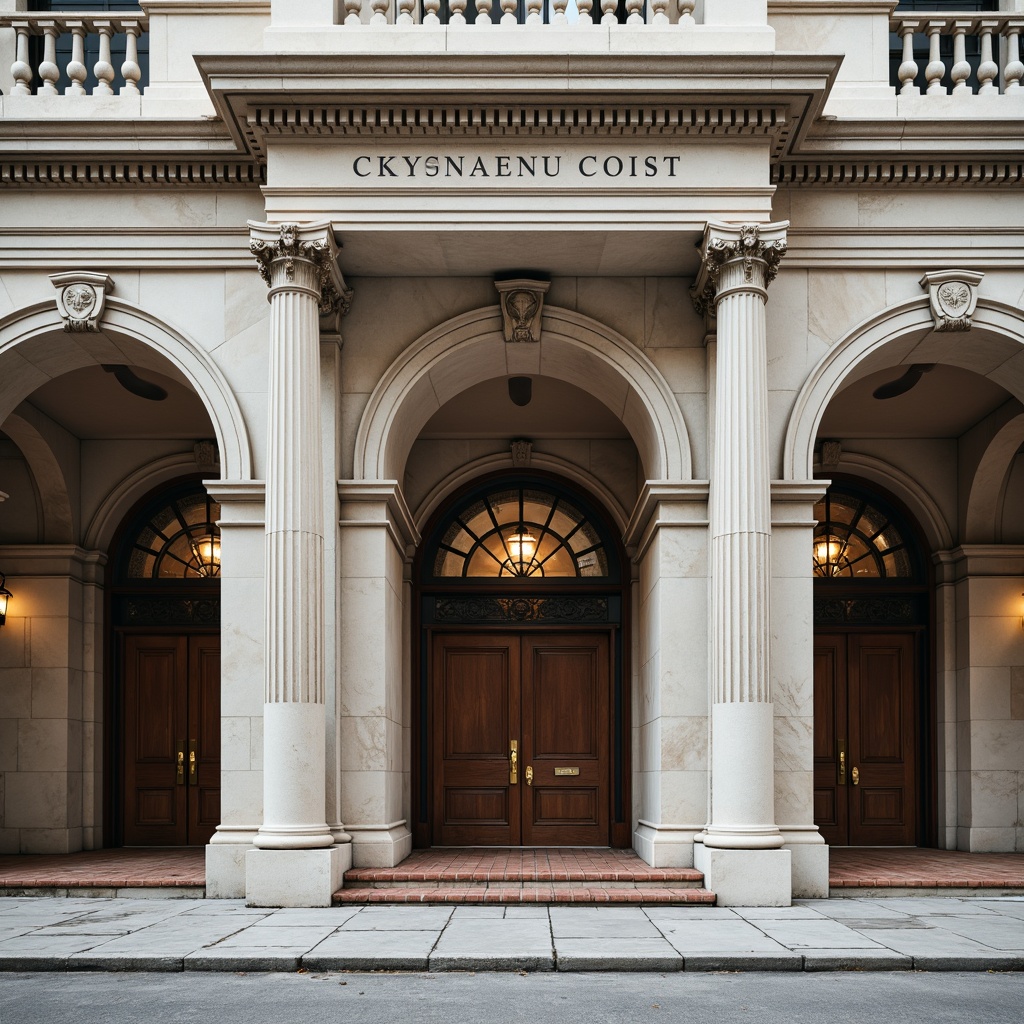 Prompt: Grand gymnasium facade, neoclassical columns, ornate stone carvings, symmetrical architecture, grand entrance gates, bronze door handles, large windows, arched pediments, rusticated quoins, classical pilasters, elegant architraves, subtle cornices, soft warm lighting, shallow depth of field, 3/4 composition, realistic textures, ambient occlusion.