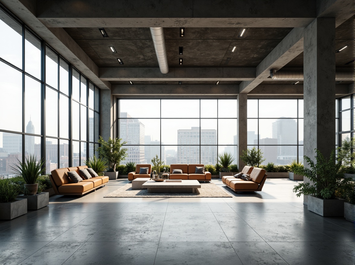 Prompt: Minimalist open space, high ceilings, sleek lines, industrial chic, exposed ductwork, polished concrete floors, floor-to-ceiling windows, natural light pouring in, urban landscape views, modern furniture, geometric shapes, green walls, living plants, airy atmosphere, soft ambient lighting, shallow depth of field, 3/4 composition, panoramic view, realistic textures, ambient occlusion.