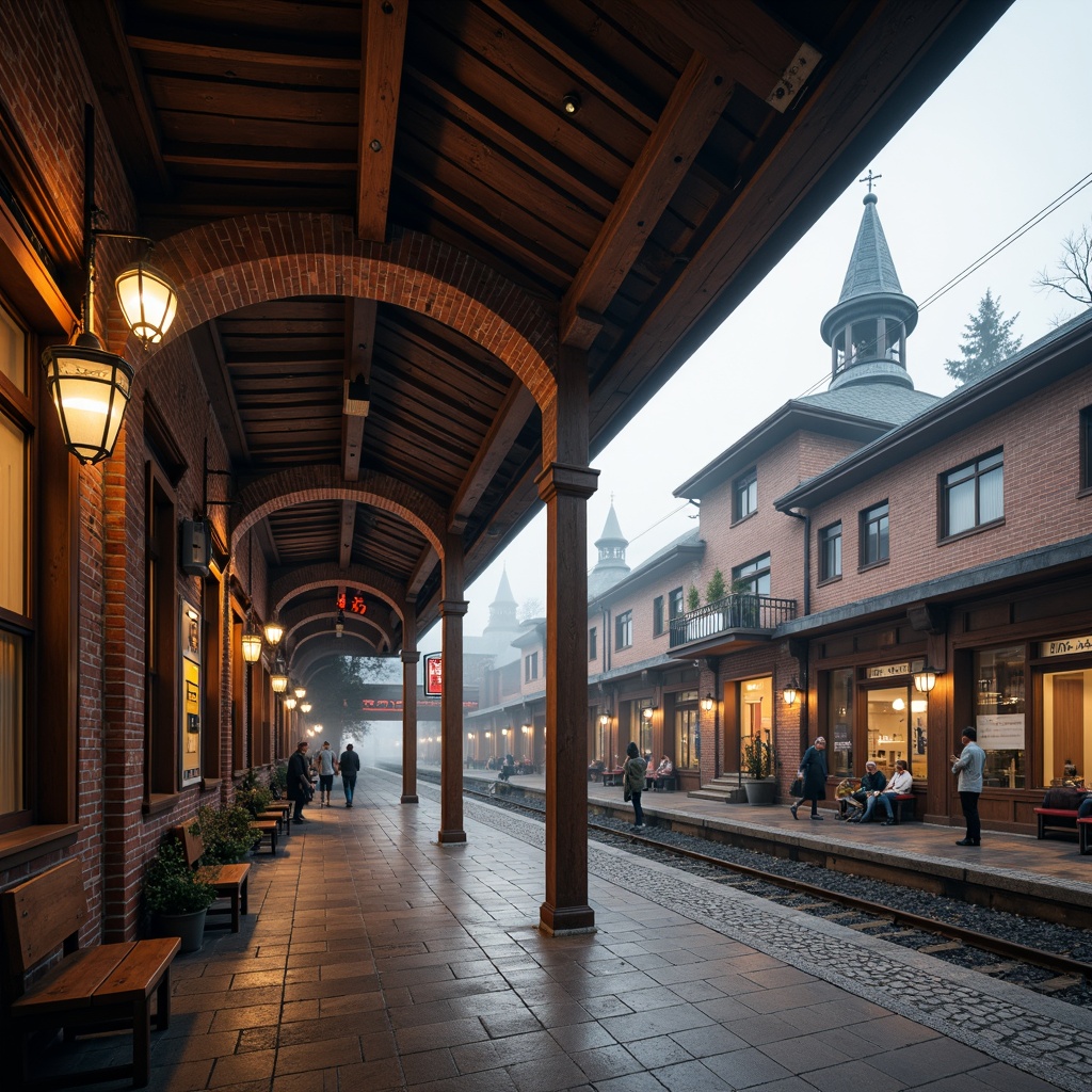 Prompt: Rustic train station, regionalism style, earthy tones, wooden accents, brick arches, vintage lanterns, metal roofs, industrial pipes, distressed stonework, ornate clock towers, grand entrance halls, high ceilings, large windows, natural light, warm cozy atmosphere, foggy morning, soft diffused lighting, shallow depth of field, 1/2 composition, symmetrical framing, realistic textures, ambient occlusion.