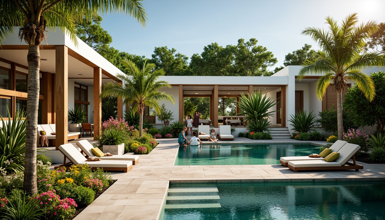 Prompt: Tropical oasis, lush greenery, vibrant flowers, palm trees, colorful tiles, metabolism-inspired architecture, sleek modern lines, angular shapes, natural stone decks, wooden loungers, poolside bars, refreshing cocktails, sunny day, soft warm lighting, shallow depth of field, 3/4 composition, panoramic view, realistic textures, ambient occlusion.