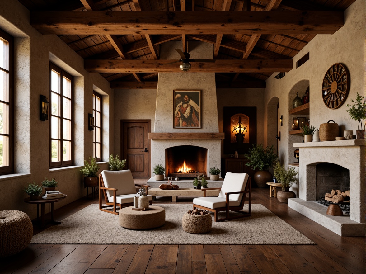 Prompt: Rustic regionalism style building, earthy color palette, natural stone walls, wooden beam ceilings, cozy fireplaces, plush furniture, woven textiles, vintage decor, local cultural artifacts, dim warm lighting, shallow depth of field, 1/1 composition, realistic textures, ambient occlusion, warm atmospheric mood, inviting ambiance, functional layout, open floor plan, spacious living areas, eclectic artwork, organic shapes, earthy scents.