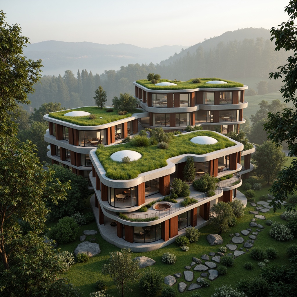 Prompt: Sustainable eco-friendly buildings, lush green roofs, living walls, natural stone facades, reclaimed wood accents, floor-to-ceiling windows, seamless indoor-outdoor transitions, organic shapes, curved lines, earthy color palette, misty morning atmosphere, soft warm lighting, shallow depth of field, 3/4 composition, panoramic view, realistic textures, ambient occlusion, forest surroundings, meandering streams, wildflower fields, bird's-eye view.